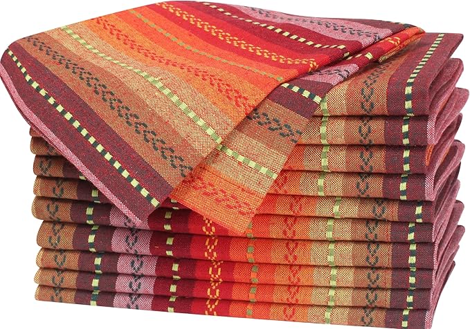 Homidate Cotton Cloth Dinner Napkins Set of 12 – 18x18 Salsa Red Multi Stripes – Reusable Machine Washable Fabric Napkins for Weddings, Events, Restaurants & Daily Dining