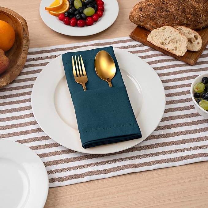 Blue Needles Set of 12 Hemstitch Linen Napkins 100% Cotton Crystal Teal Cloth Dinner Napkins 18x18 inches, Soft Reusable Absorbent Washable, Ideal for Wedding Events, Parties & Everyday Use