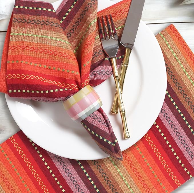 Homidate Cotton Cloth Dinner Napkins Set of 12 – 18x18 Salsa Red Multi Stripes – Reusable Machine Washable Fabric Napkins for Weddings, Events, Restaurants & Daily Dining
