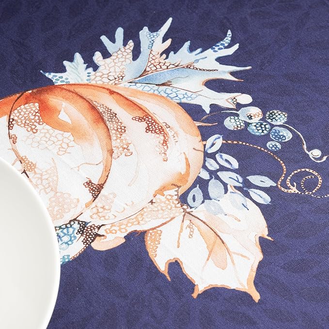 Maison d' Hermine Table Cloth Round Table 100% Cotton 63 Inches Fall Tablecloth Reusable Everyday Use for Thanksgiving Christmas Decorations Dining Farmhouse Party (Pumpkin Blues)