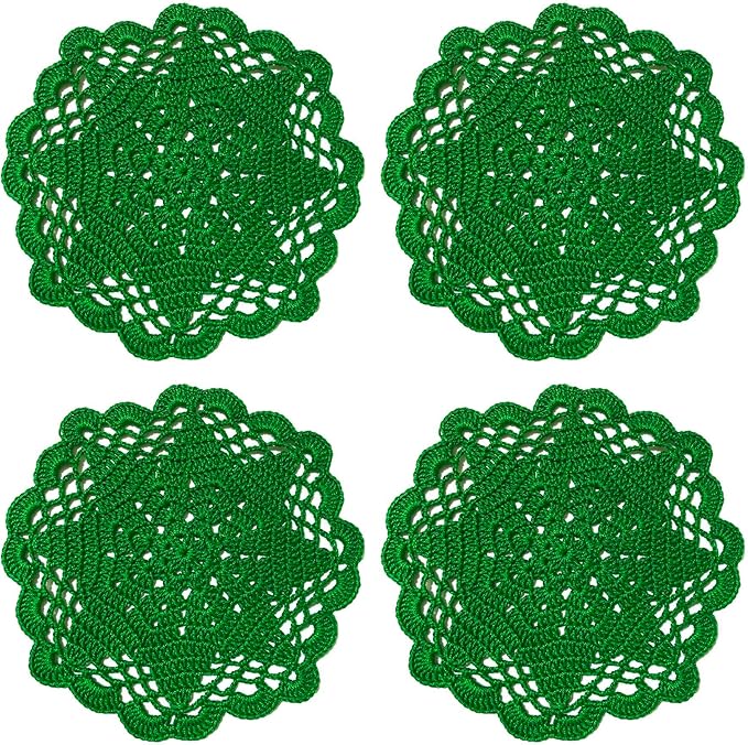 BIBITIME Handmade Crochet Round Lace Doilies Kitchen Table Placemats Wedding Tea Flower Vase Cup Mats (Green, 6" to 7",Pack of 4PCS)
