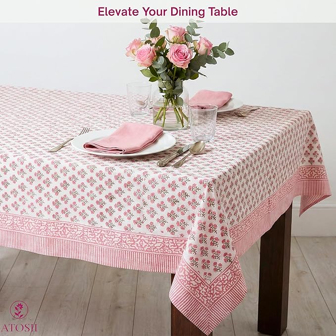 ATOSII Gulbahar White Pink 100% Cotton Fall Rectangle Tablecloth, Hand Block Print Washable Table Cover, Christmas Parties Buffet Dining, Weddings, Thanksgiving, Halloween, 60 X 90 Inches, 6 Seater