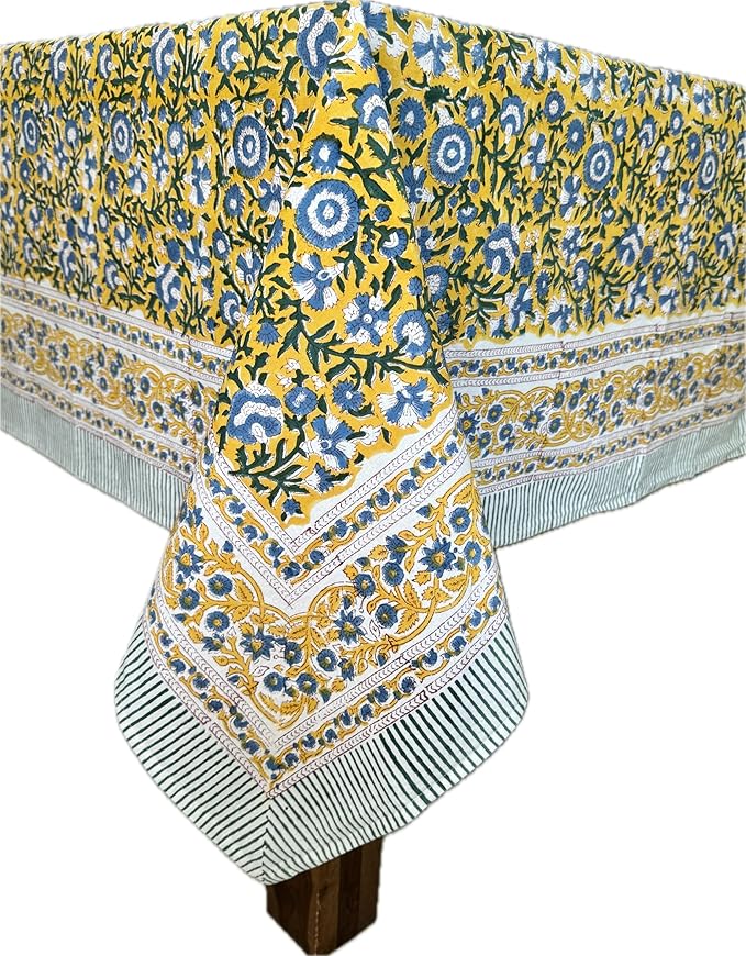 ATOSII Marigold Blue Yellow 100% Cotton Fall Tablecloth, Handblock Print Square Table Cover for Kitchen Dining Linen I Parties, Weddings, Outdoors, Easter Table Decor 60 X 60 Inches I 4 Seater