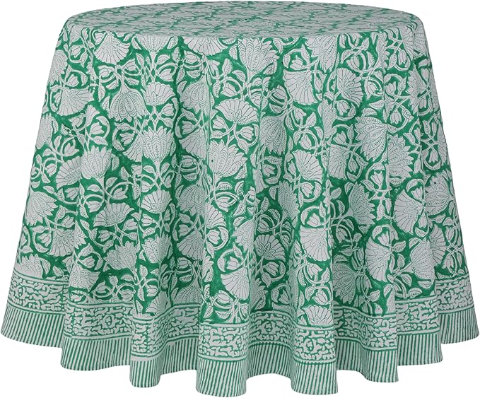 ATOSII Meadow Green 100% Cotton Summer Round Tablecloth, Block Print Table Cloth for Dining, Weddings, Outdoors, Parties I Grand Millenial Farmhouse Coastal Boho Home Decor 90" Inches