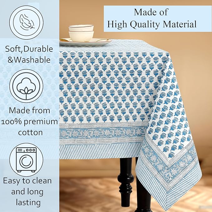 CPC Cotton Tablecloth 80x120 Inch Rectangle Indian Block Print Tablecloth- Blue Washable Wedding Table Cover for Thanksgiving/Christmas- Apatite Blue