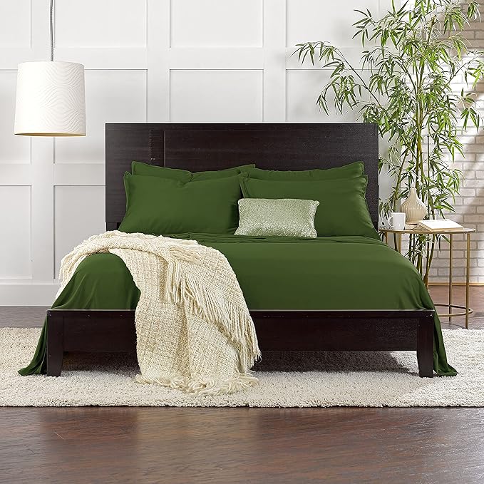 Pure Bamboo Split King Sheets, Genuine 100% Organic Viscose Derived from Bamboo Bed Sheet Set, Soft & Cooling, Double Stitching, 2 Fitted Sheets (Split King, Pesto)