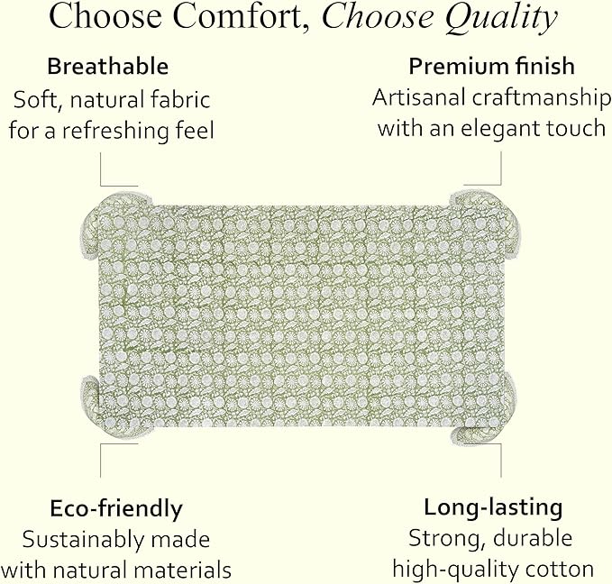 CPC Olive Bloom Tablecloth 100% Cotton 70x108 Inch Indian Block Print Rectangle Table Cover, Table Cloth for Gifting in Weddings, Halloween, Fall, Christmas, Thanksgiving
