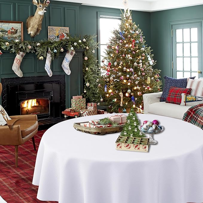 Biscaynebay Textured Fabric Round Tablecloths 90", White Water Resistant Table Cloths Circle Folding Table Covers Linen for Dining, Kitchen, Wedding and Parties etc.