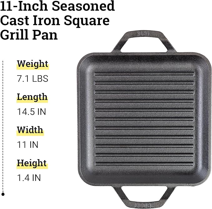 Lodge 11" Cast Iron Square Grill Pan - Chef Collection - Pre-Seasoned Cast Iron Pan - Versatile Cooking - Indoor & Outdoor Use - Incredible Heat Retention