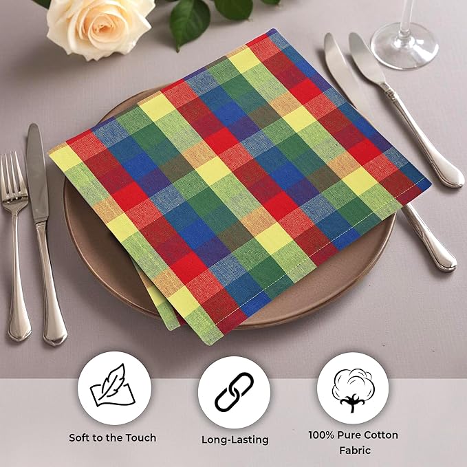 Urban Villa Cotton Dinner Napkins Set of 6, Highly Absorbent 20x20 Inches Premium Cloth Napkins Hotel Quality Reusable & Washable Table Dinner Napkins for Home & Weddings - Multi Prismatic, Checks