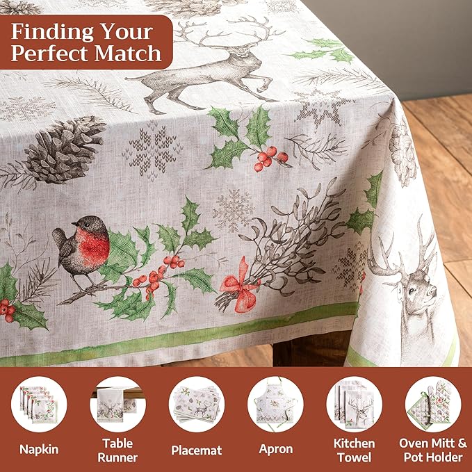Maison d' Hermine Table Cloth Rectangle Table 100% Cotton 70 x 90 Inches Fall Tablecloth Reusable Everyday Use for Thanksgiving Christmas Decorations Dining Farmhouse Party (Christmas Dew)