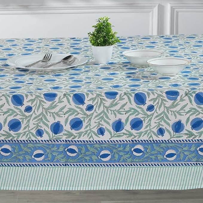 Ridhi Hand Block Print Queen Blue Rectangle Cotton Tablecloth 140" x 72" Reusable Table Cover Decorative Everyday Use for Dining, Farmhouse, Home Gift for Spring, Easter, Valentine