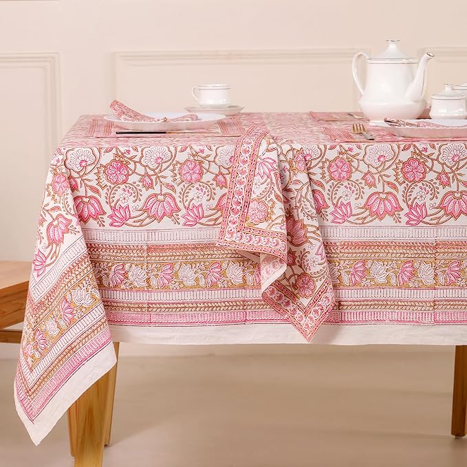 Hand Block Printed Table Cover - Exquisite Design, Premium Cotton Fabric, Perfect for Dining and Decor, Dining Table Linen(Taffy Pink Flower,14 Seater 72 x 160 Inches Rectangle)
