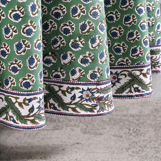Ridhi Block Print Round Basil Green Reusable Tablecloth 100% Cotton 132" Inch Decorative Table Cover eveyday Dining, Home, Party, Wedding, Farmhouse Gift for Spring, Easter, Valentine