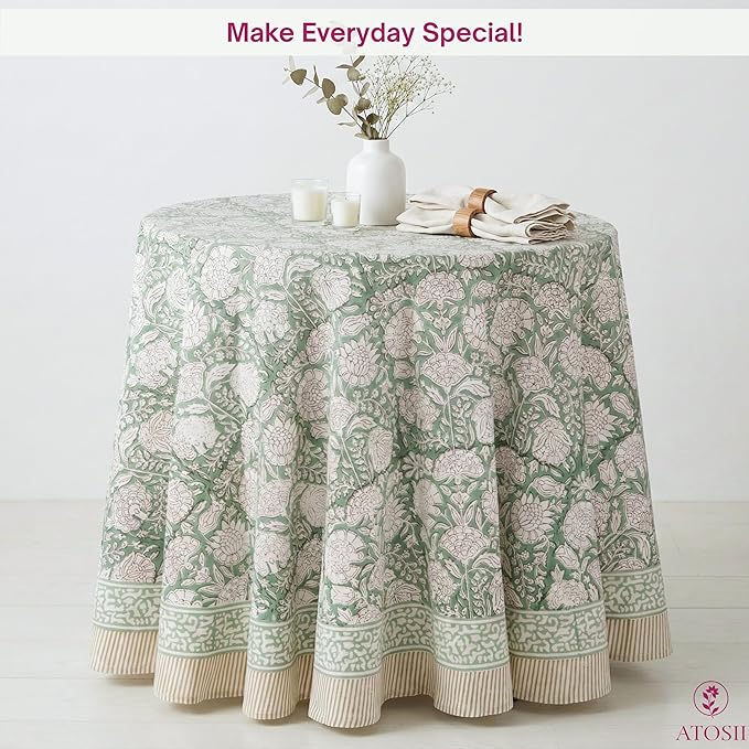 ATOSII Jade 100% Cotton Boho Round Tablecloth, Block Print Floral Table Cloth Linen for Dining, Parties, Weddings, Outdoors I Table Decor I 60" Inches Round