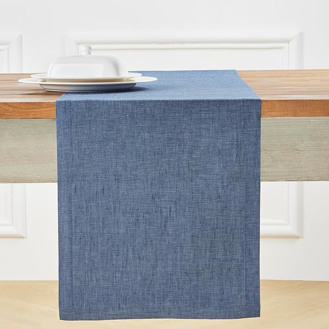 Solino Home Linen Table Runner 72 Inches Long - Athena, 100% Pure Linen Blue Denim Dining Table Runner 14 x 72 Inch for Winter, Spring, Easter
