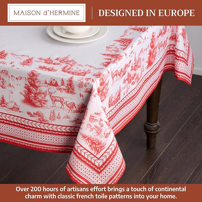 Maison d' Hermine Table Cloth Rectangle Table 100% Cotton 70 x 108 Inches Fall Tablecloth Reusable Everyday Use for Thanksgiving Christmas Decorations Dining Farmhouse Party (Winter Jouy)