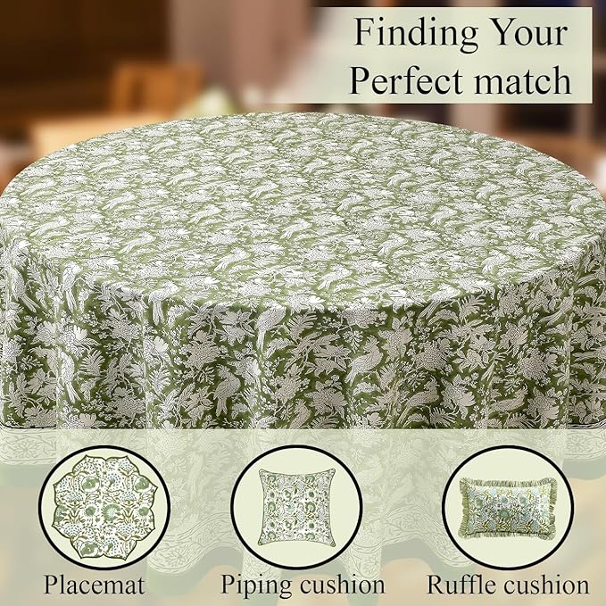 CPC Round Tablecloth- Cotton Indian Block Print Tablecloth -Handmade Printed Washable Cotton Table Cloth - Spring/Summer, Wedding Table Cover - Olive Green 132 Inch