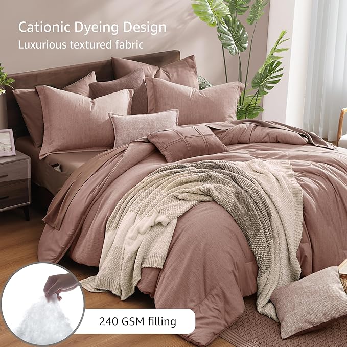 Monbix Full Size Comforter Set-7 Pieces Dusty Pink Cationic Dyeing Bed in a Bag Full Bedding Sets with Comforter, Sheets, Pillowcases & Shams, All Season Reversible Bedding Comforters