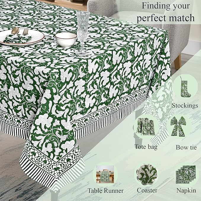 Ridhi Hand Block Print Pantone Artichoke Rectangle Cotton Tablecloth 160" x 72" Reusable Table Cover Decorative Everyday Use for Dining, Farmhouse, Home Gift for Spring, Easter, Valentine