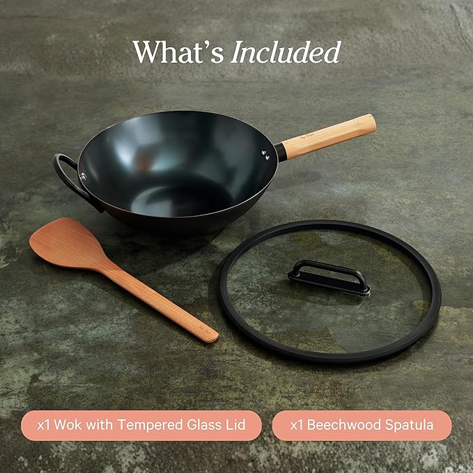 Our Place 13” Super-Nitrided Carbon Steel Wok Pan with Glass Lid & Beechwood Spatula | PFAS-Free, Induction Compatible & High-Heat Stovetop Safe to 750°F