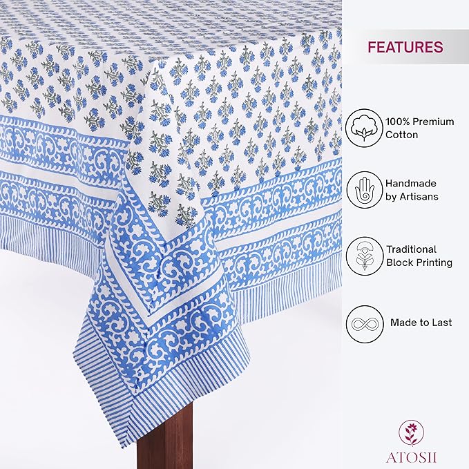 ATOSII Gulbahar Blue 100% Cotton Fall Rectangle Tablecloth, Hand Block Print Washable Table Cover, Christmas Parties Buffet Dining, Weddings, Thanksgiving Easter Home Decor, 60 X 90 Inches 6 Seater