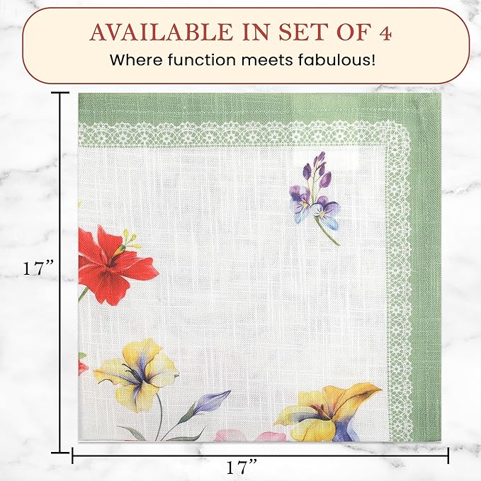 Vintage Vista Cotton Cloth Napkins Set of 4 (17" x 17") - Digital Printed Table Napkins Cloth Washable & Reusable for Everyday Use, Christmas, Thanksgiving, Halloween & More - (Red Flowers)