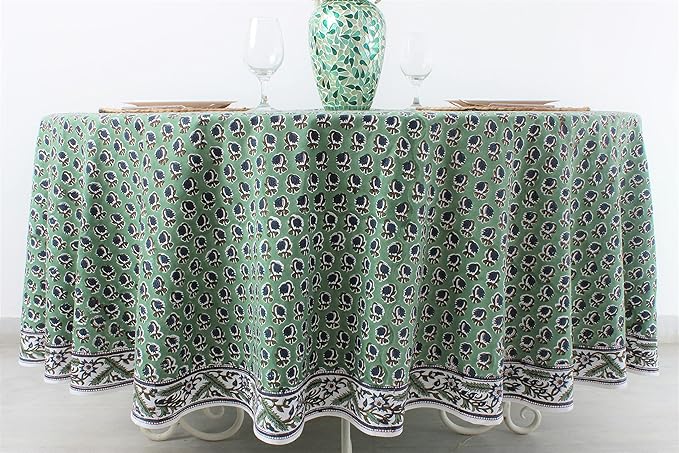 Ridhi Block Print Round Basil Green Reusable Tablecloth 100% Cotton 90" Inch Decorative Table Cover eveyday Dining, Home, Party, Wedding, Farmhouse Gift for Spring, Easter, Valentine