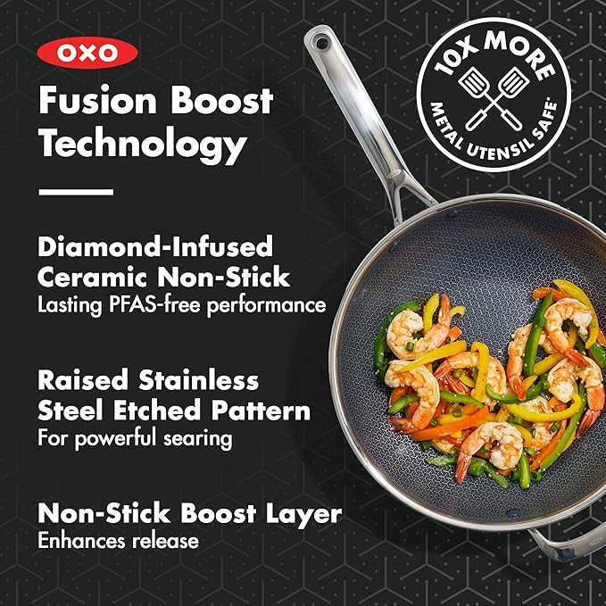 OXO Hybrid 12” Nonstick Wok with Glass Lid, PFAS-Free Ceramic Stir-Fry Pan, Induction & All Cooktop Compatible, Dishwasher Safe, Fusion Boost Tech for Powerful Searing, Mirror Polished Tri-Ply