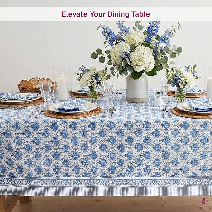 ATOSII Padma Blue 100% Cotton Rectangle Summer Tablecloth, Indian Block Print Floral Table Cloth I Dining Parties Weddings Outdoors Holidays 60 X 90 Inches, 6 Seater I Grandmillennial Farmhouse Boho