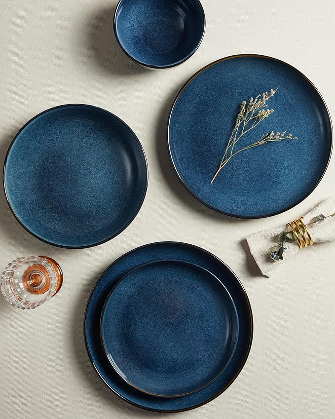 24 Piece Double Bowl Dinnerware Sets with Pasta Bowls, Highly Chip and Crack Resistant Plates and Bowls Sets, Natural Earthyware Ceramic Dishware Sets, Service for 6 Starry Blue