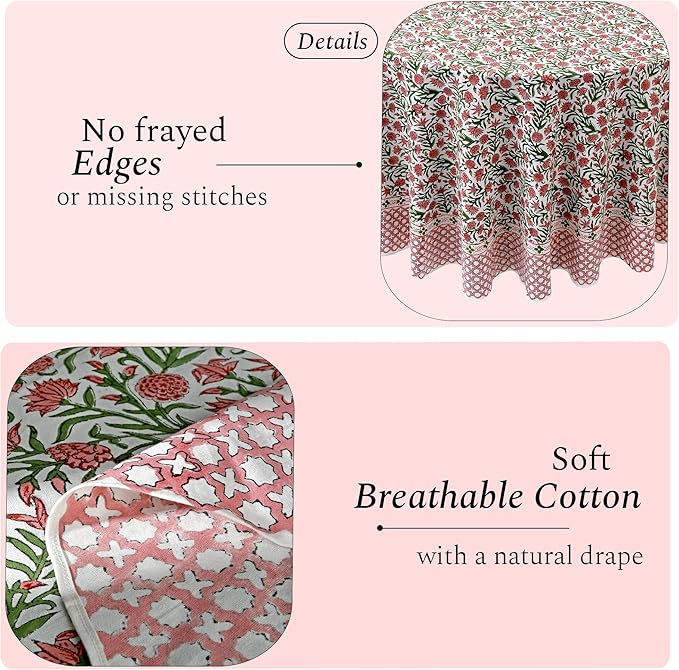 CPC Round Tablecloth- Cotton Indian Block Print Tablecloth -Handmade Printed Washable Cotton Table Cloth - Spring/Summer, Wedding Table Cover - Red Garnet 110 Inches
