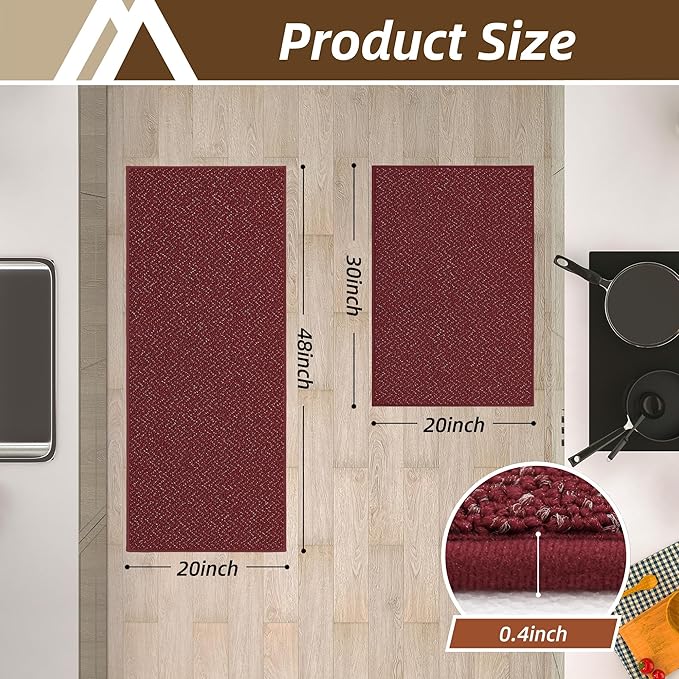 COSY HOMEER Kitchen Rugs and Mats 2PCS Non Slip Kitchen Mats for Floor Washable Stain Resistant Kitchen Runner Rug Sets Absorbent Kitchen Floor Mat 20"x32"+20"x48",Red
