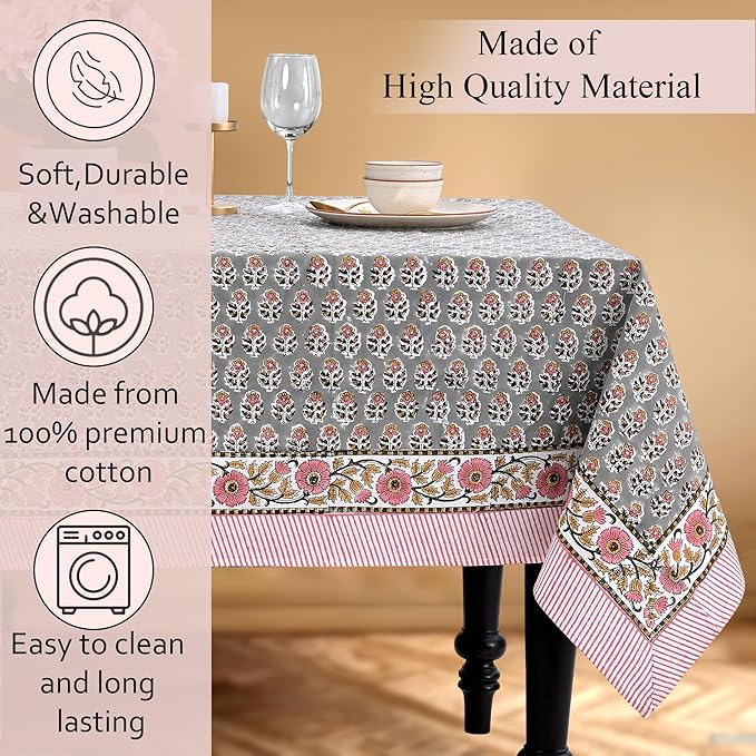 CPC Tablecloth 100% Cotton 72x140 Inch Indian Block Print Rectangle Table Cover, Gray Table Cloth for Weddings, Spring/Summer, Barbeque - Labra Gray