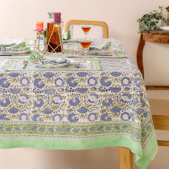 Hand Block Printed Table Cover - Exquisite Design, Premium Cotton Fabric, Perfect for Dining and Decor, Dining Table Linen (Moss Green, 14 Seater 72 x 160 Inches Rectangle)