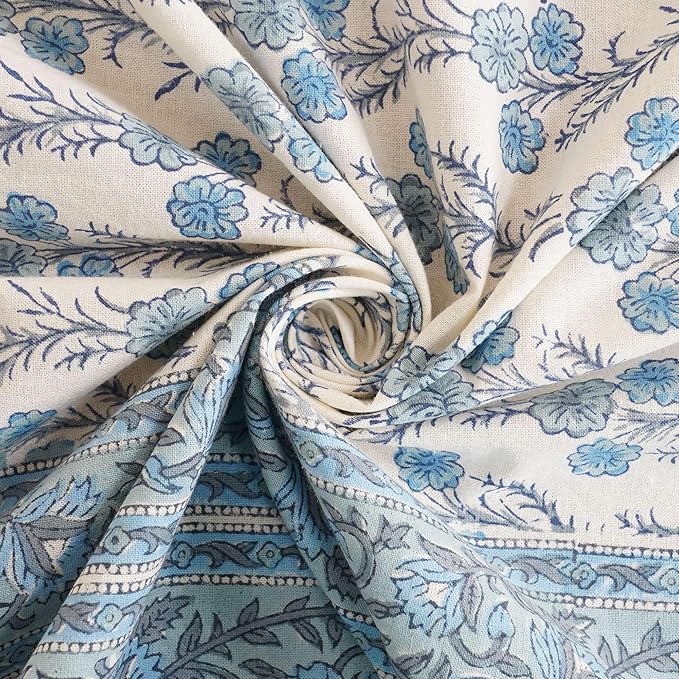 Handblock Print Cotton Tablecloth – 60x90 Rectangular Table Cover 6 Seats – Indian Block Printed Floral Dining Table Linen – Boho Washable Cloth for Kitchen, Party, Outdoor, Sky Blue