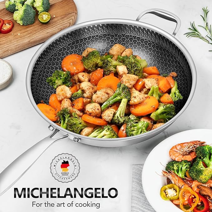 MICHELANGELO Honeycomb Wok Pan with Lid, 12.5 Inch Stainless Steel Woks & Stir-fry Pans with Stay Cool Handle, Flat Bottom Wok with Vertical Lid, Induction Wok, Dishwasher Oven Safe