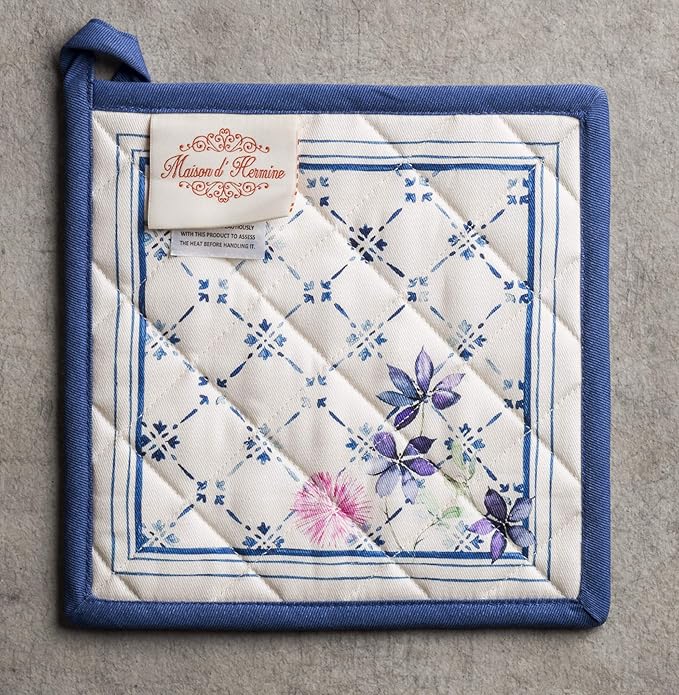 Maison d' Hermine 100% Cotton Oven Mitt & Pot Holder Set (7.5"x13" & 8"x8") Heat Resistant BBQ Cooking Gloves with Loop, Baking, Grilling, Kitchen, Handling Hot Pans Spring/Summer (Faience)