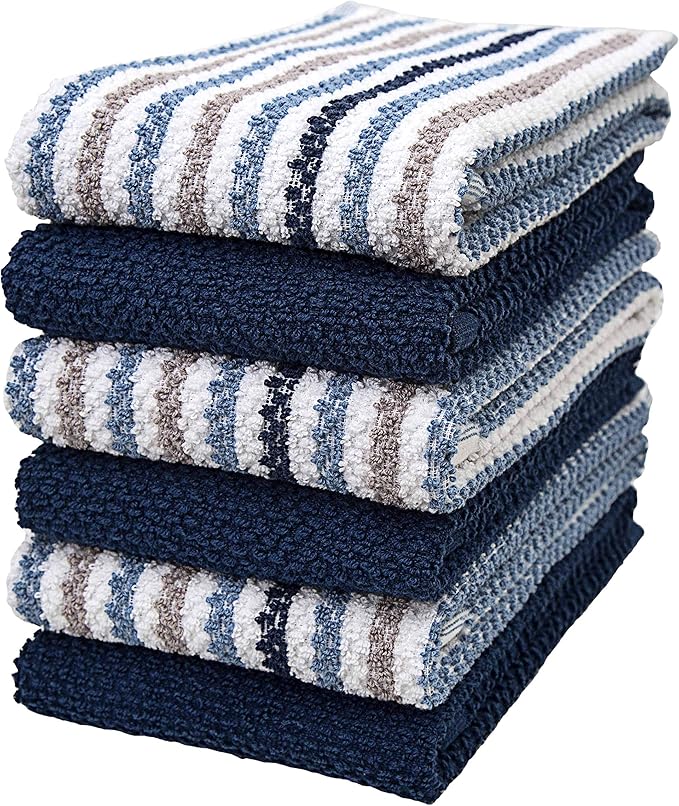 Premium Kitchen Towels (16”x 26”, 6 Pack) | Large Cotton Kitchen Hand Towels | Popcorn Striped Design | Dish Towels | 430 GSM Highly Absorbent Tea Towels Set with Hanging Loop | Blue