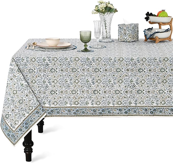 Ridhi Hand Block Print Indigo Rectangle Cotton Tablecloth 90" x 60" Reusable Table Cover Decorative Everyday Use for Dining, Farmhouse, Home Gift for Spring, Easter, Valentine
