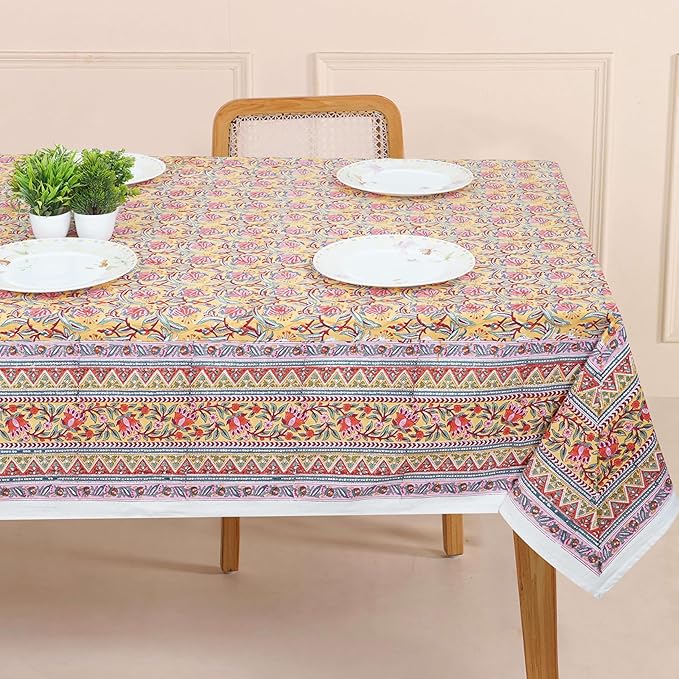 Handblock Print Cotton Tablecloth – 72x108 Rectangular Table Cover Seats 6–8 – Indian Block Printed Floral Dining Table Linen – Boho Washable Cloth for Kitchen, Party, Outdoor, Yellow