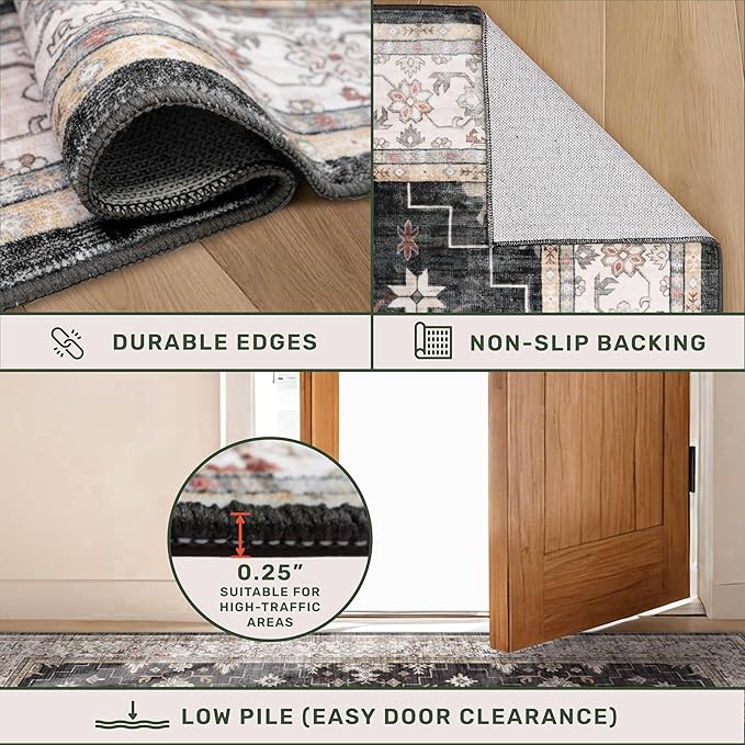 Black Farmhouse Washable 7x10 Area Rugs for Living Room, Bedroom, Dining Room Table, Dark Charcoal Stain Resistant Non-Slip Large Washable