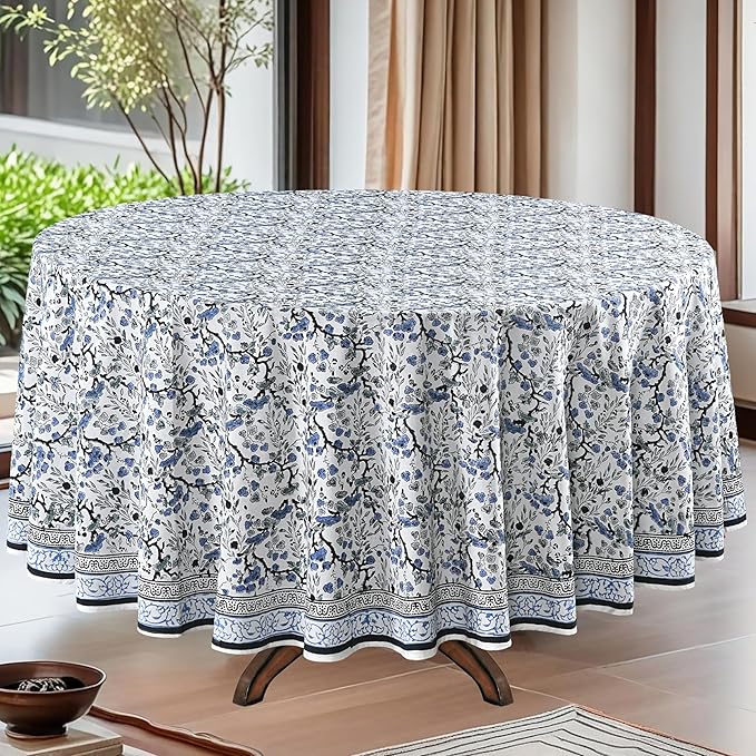 Ridhi Block Print Round Spruce Carolina Blue Reusable Tablecloth 100% Cotton 110" Inch Decorative Table Cover eveyday Dining, Home, Party, Wedding, Farmhouse Gift for Spring, Easter, Valentine