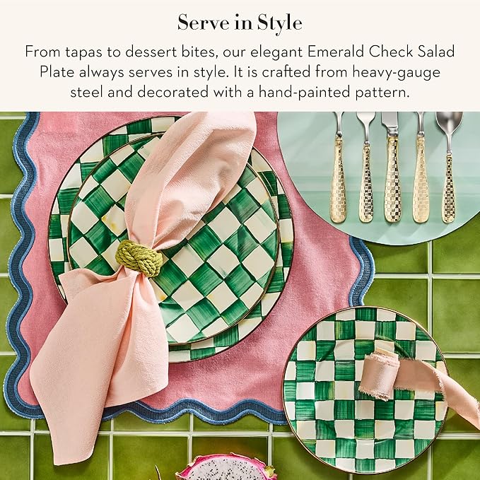 MACKENZIE-CHILDS Enamel Salad and Dessert Plate, Small Plate for a Dessert or Appetizer Dish, 8 Inches, Green-and-White Emerald Check