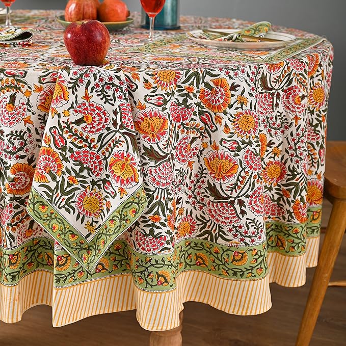 Hand Block Printed Cotton Tablecloth – Elegant Floral Design Perfect for Dining Table Kitchen Parties Home Decor, Wall Tapestry (Yellow Sunflower, 8 Seater 90 Inches Round)