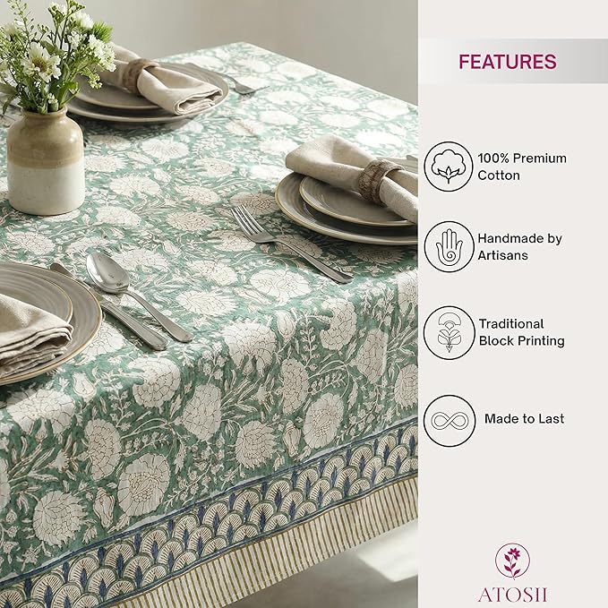 ATOSII Jade 100% Cotton Boho Rectangle Summer Tablecloth, Block Print Floral Table Cloth Linen for Dining, Parties, Weddings, Outdoors Table Decor I 60 X 90 Inches I 6 Seater I