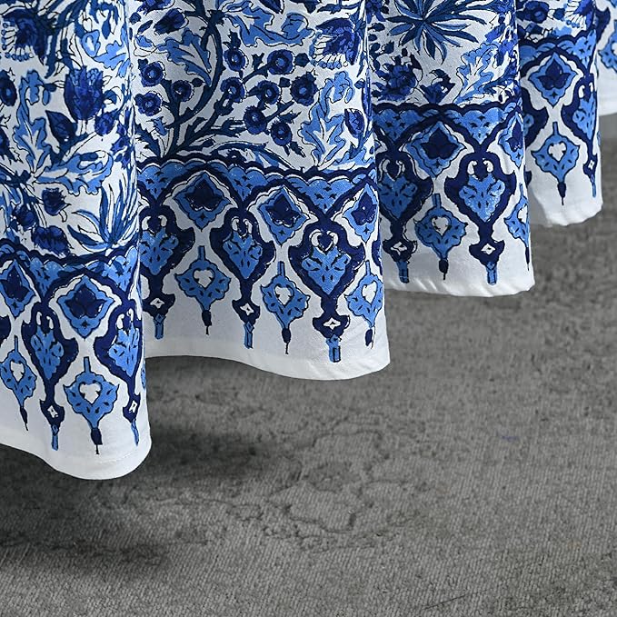 Ridhi Block Print Round Dark Royal Blue Reusable Tablecloth 100% Cotton 132" Inch Decorative Table Cover eveyday Dining, Home, Party, Wedding, Farmhouse Gift for Spring, Easter, Valentine