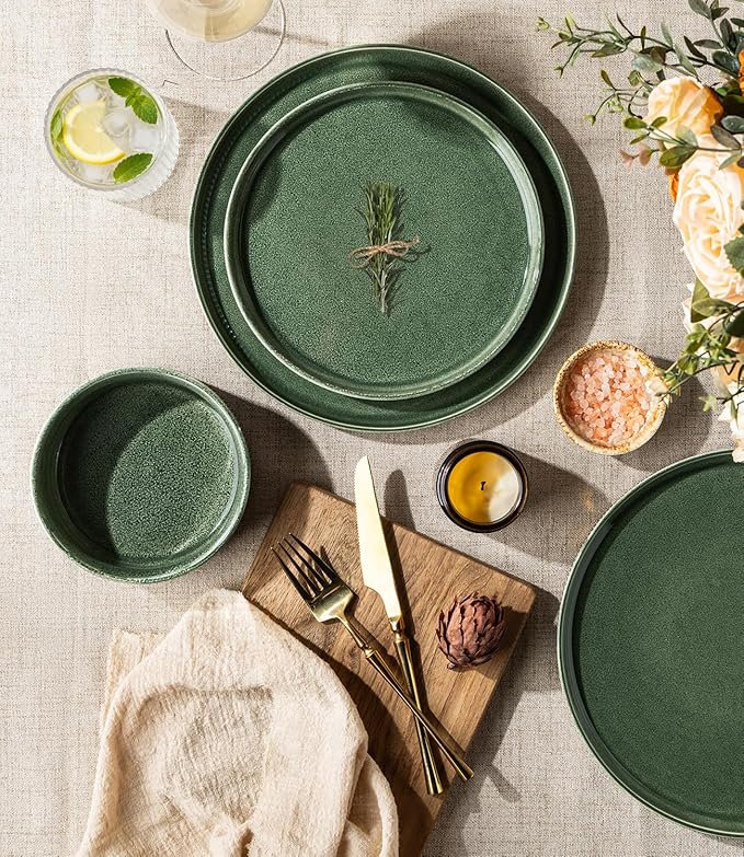 GBHOME 24-Piece Stoneware Dinnerware Set for 8 – Ribbed Ceramic Plates and Bowls, Scratch-Resistant, Microwave & Dishwasher Safe, Reactive Glaze, Dark Green
