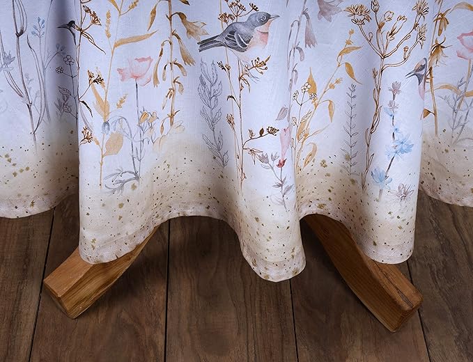 Maison d' Hermine Table Cloth Round Table 100% Cotton 69 Round Inches Tablecloth Reusable Decorative for Dining Room Farmhouse Home Valentines Day Decorations Spring Summer - Meadow Florals - Beige