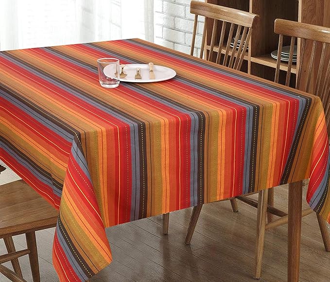 Urban Villa Tablecloth Cuisine Stripes Table Cloth Tabletop Cover Kitchen Dining Tablecloth 100% Cotton Great Parties Wedding Holiday Dinner Red Multi Rectangle 60X102 Inches 8-10 Seats Table Cloth